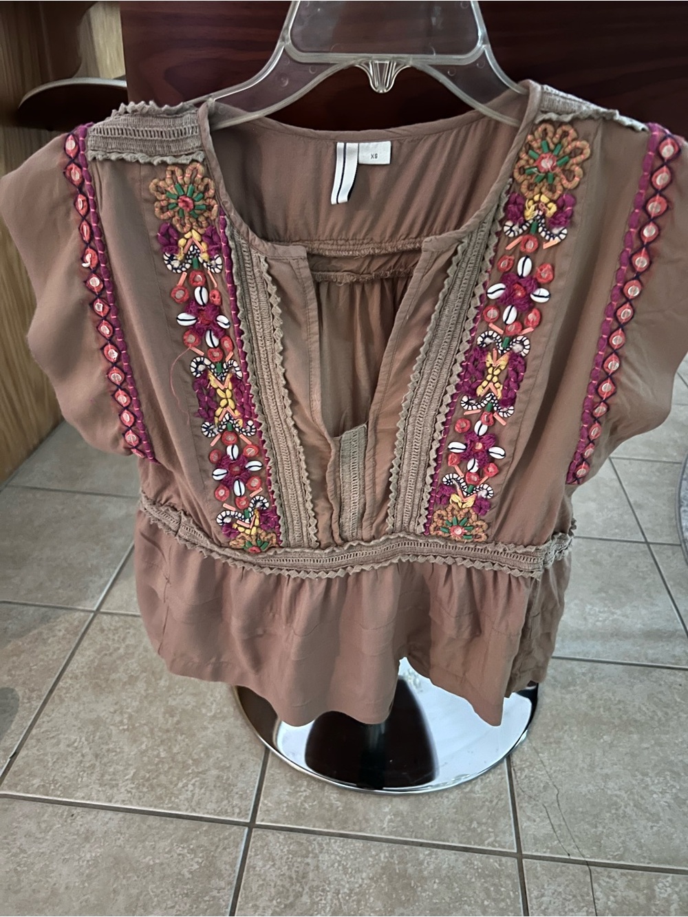 Boho Embroidered Peasant Top in Taupe XS Fits like a small
